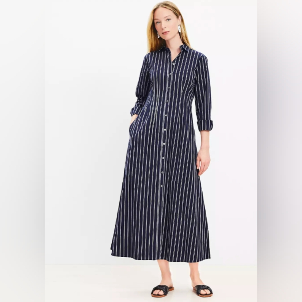 LOFT Striped Navy Maxi Shirt Dress Size 6
